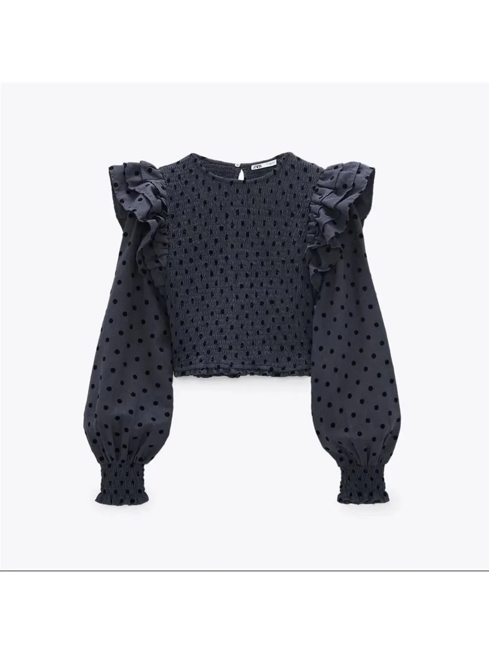 Zara Dark Blue Polka Dot Ruffle Crop Top